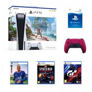 Consola Sony PlayStation 5 825GB + Comando DualSense PS5 + Horizon Forbidden West + FIFA 22 + Marvel's Spider-Man: Miles Morales (Ultimate Edition) + Gran Turismo 7 + PSN 30€